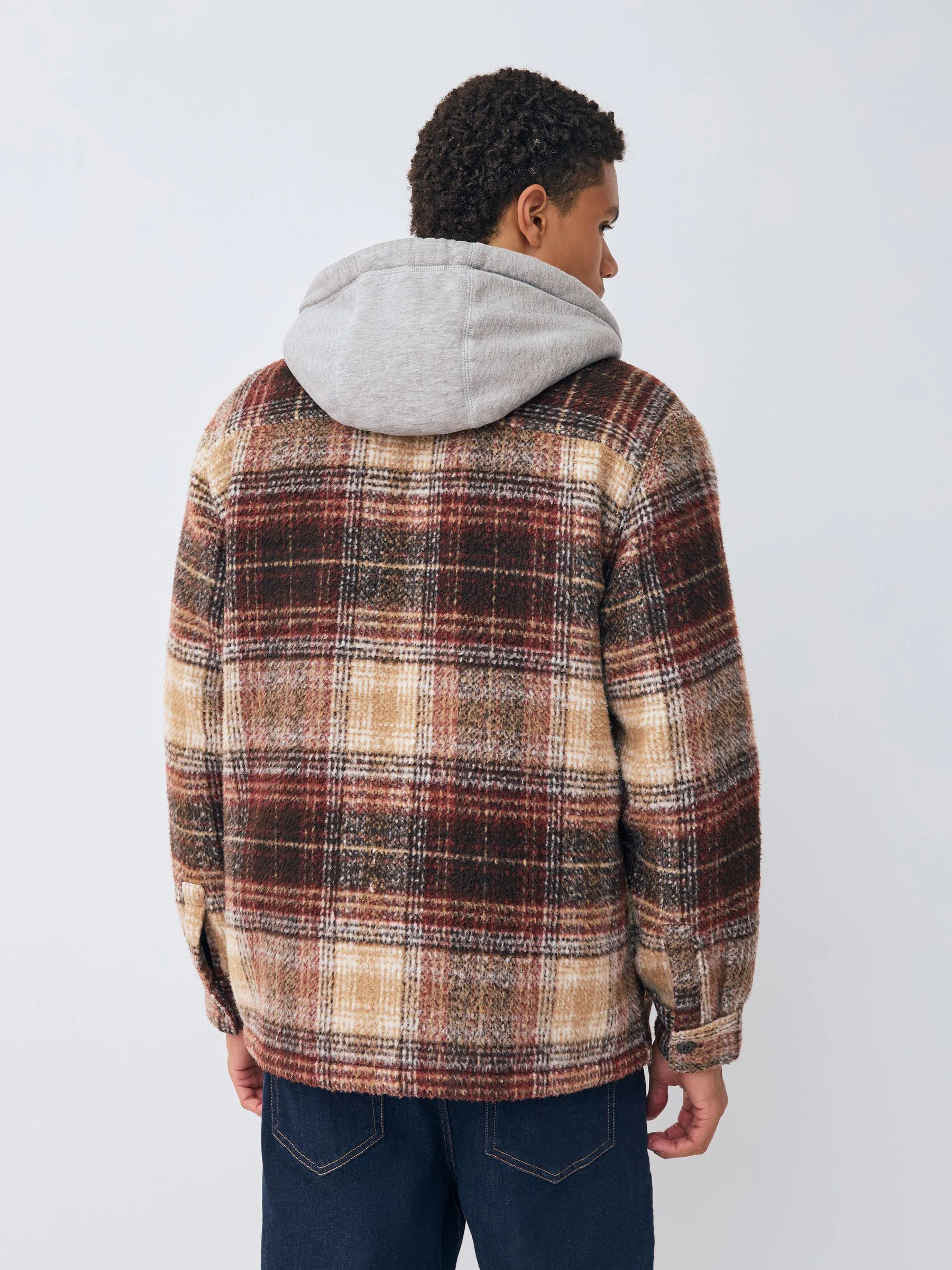 Roestbruin - Borg gevoerd ruit overshirt met capuchon
