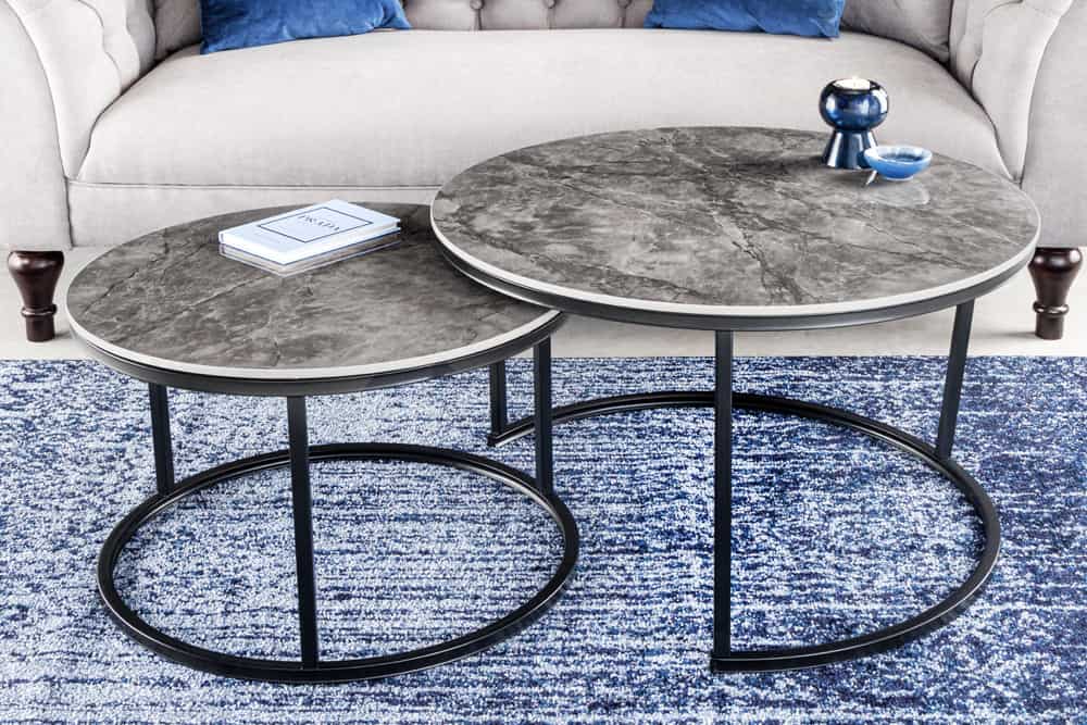 Runde Couchtische 2er Set ELEGANCE 70cm grau Keramik Marmor-Design Metall schwarz