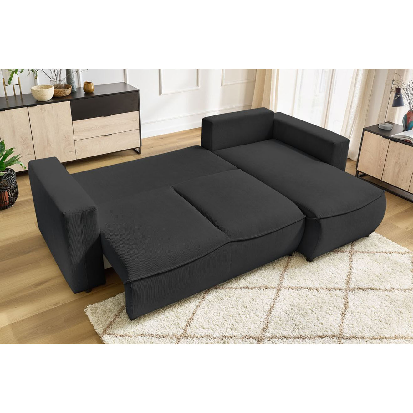 Bobochic Canapé d'angle droit convertible coffre jasmin velours côtelé gris foncé - 256x158x90 cm