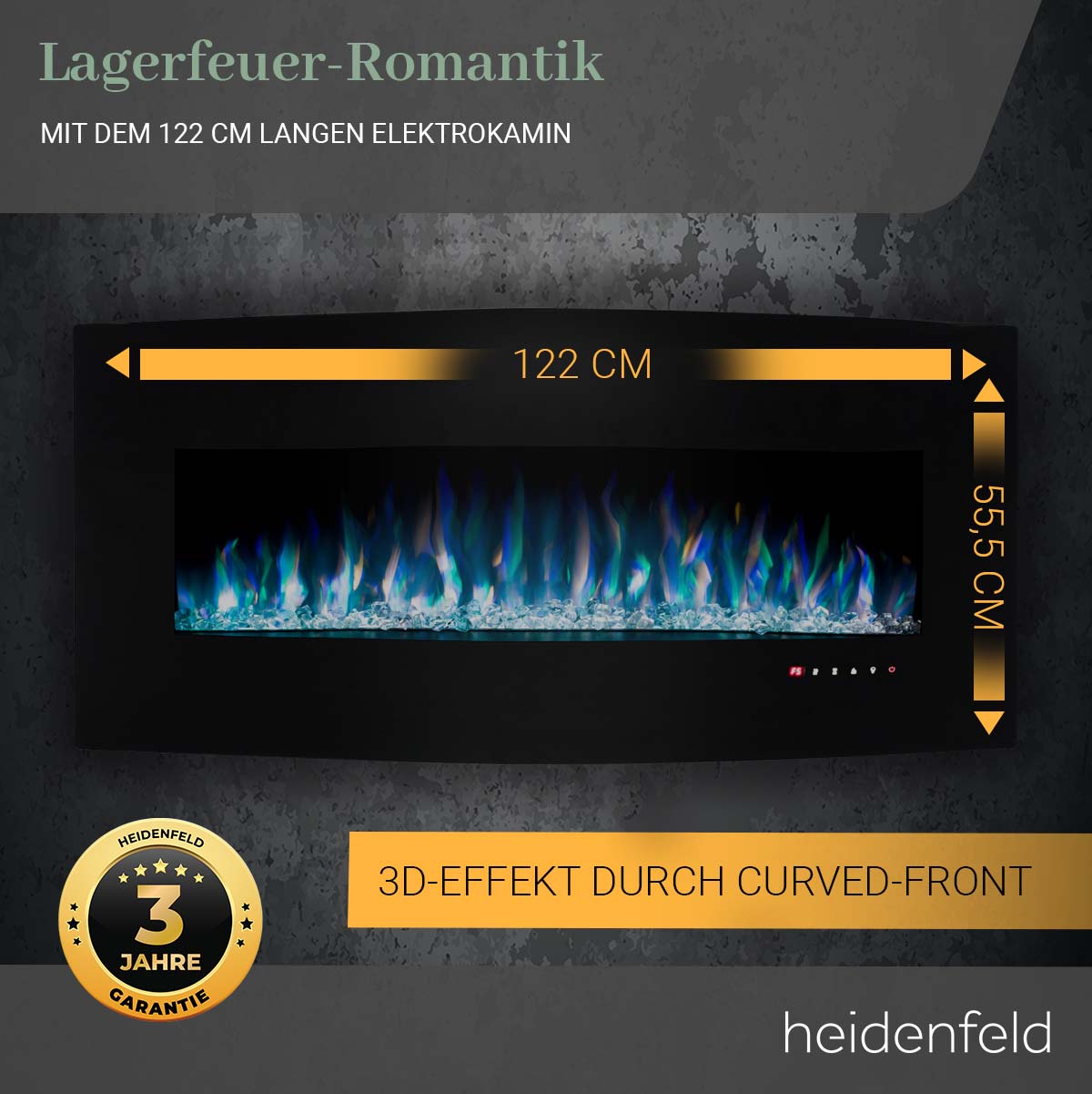 Heidenfeld Elektrokamin HF-WK400, elektrischer Kamin, Curved-Glas, 3D-Flammeneffekt, 2-Level-Heizung