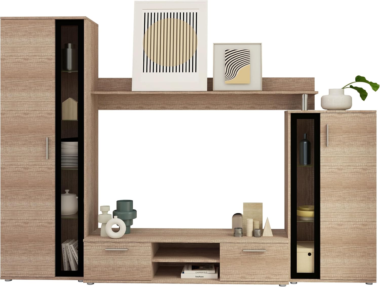 Mirjan24 Wohnwand Bentley, Praktische Anbauwand, Schrankwand, Mediawand, mit viel Stauraum, Top-Qualität (Country Oak Grey/Schwarz, ohne LED Beleuchtung)