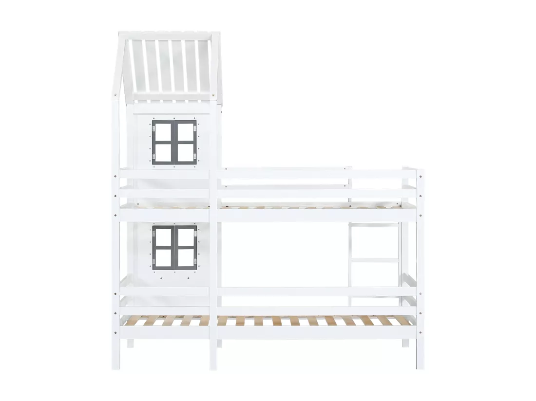 KOMHTOM Lit Superposé, 90x200cm Lit de Maison avec Clôtures et Échelle à Main Courante, Lit Cabane en Bois avec Sommier à Lattes, Cadre de Lit(sans Matelas)
