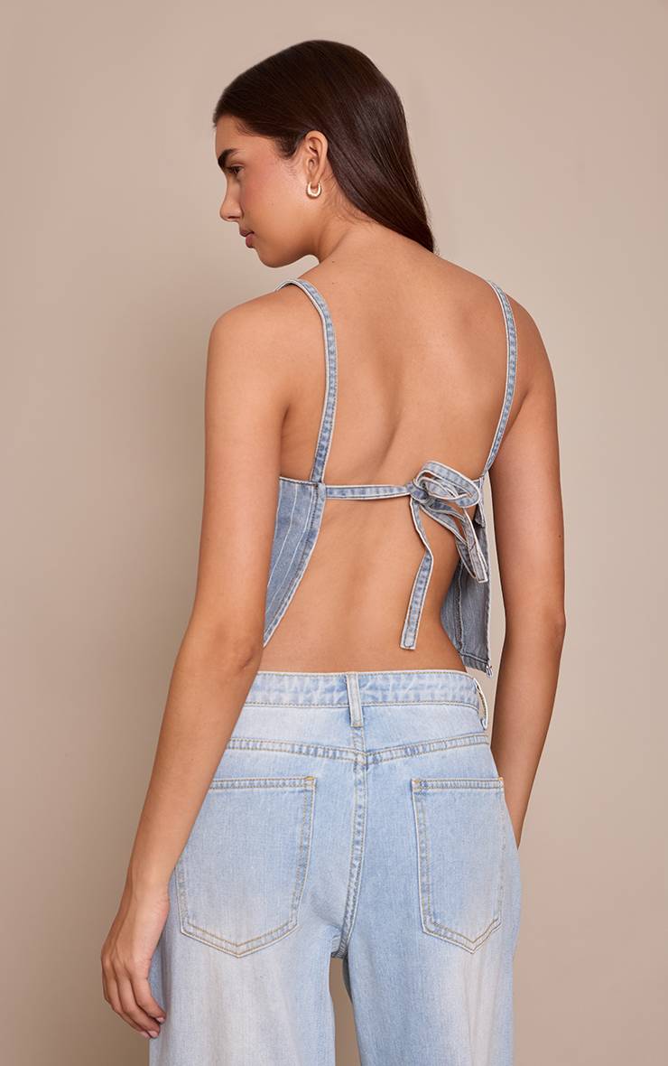Bleu Clair Top Court En Denim À Fines Rayures