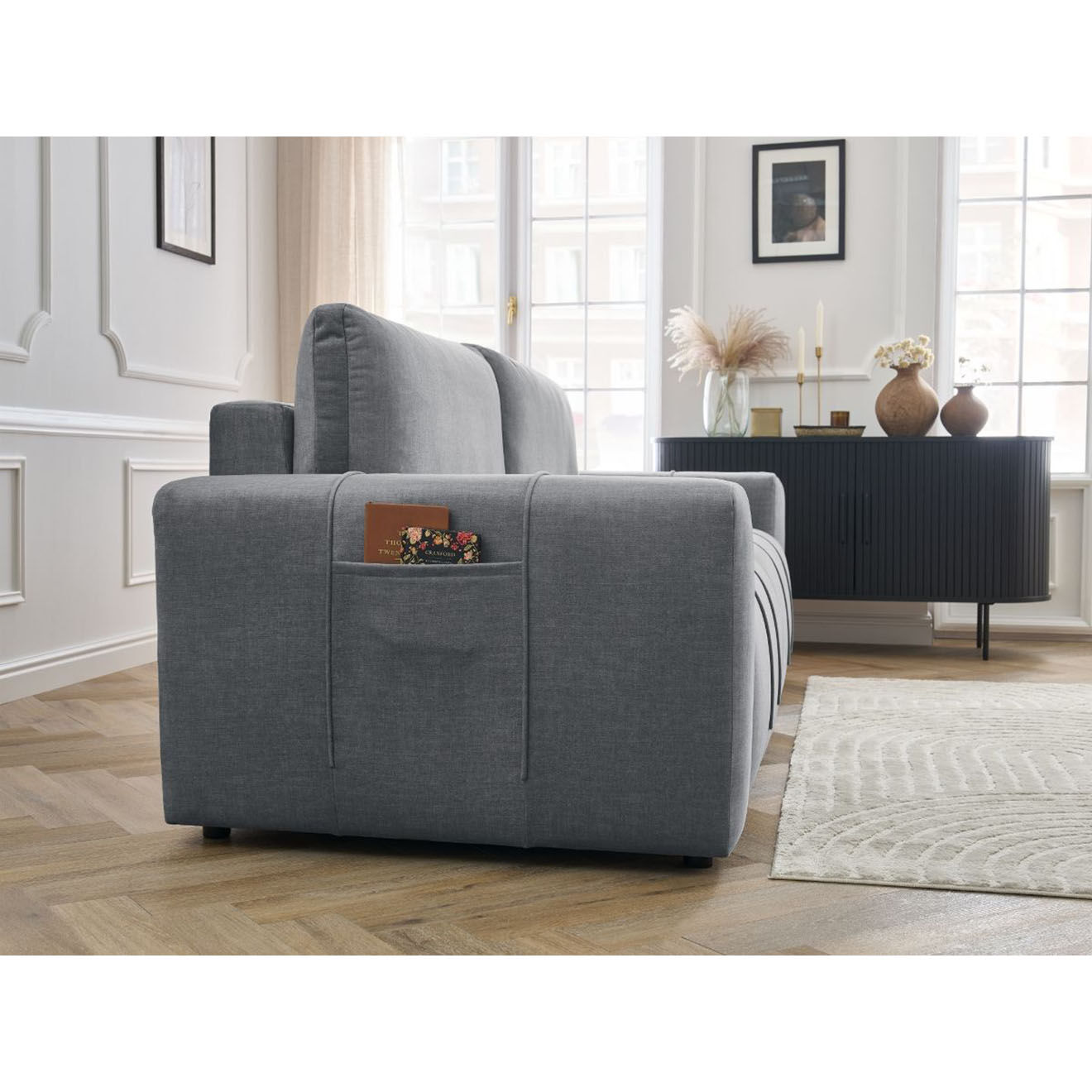 Bobochic Canapé droit convertible en Velours 3 places Arsène avec coffre gris foncé - 248x105x90 cm
