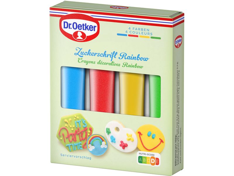 Dr.Oetker Lebensmittelfarbenstifte Rainbow Rot/Gelb/Grün/Bl Zucker-Garnierschrift in Regenbogenfarben