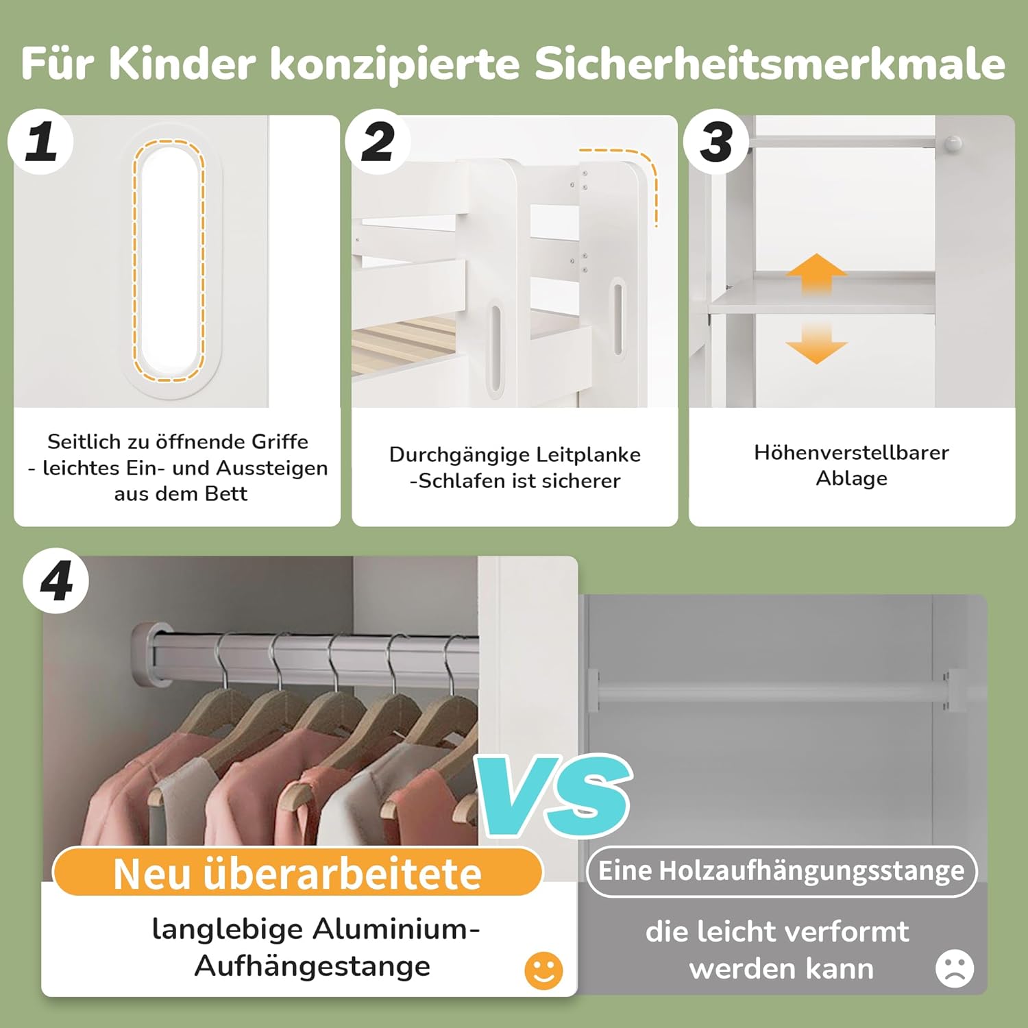 Kinderbett Hochbett 90x200 cm Weiß mit Kleiderschrank | Etagenbett mit 6 Regalen & Schreibtisch unter dem Bett | Hochbett, EN 747-1 zertifiziert & kippsicher | Loftbett aus Massivholz(ohne Matratze)