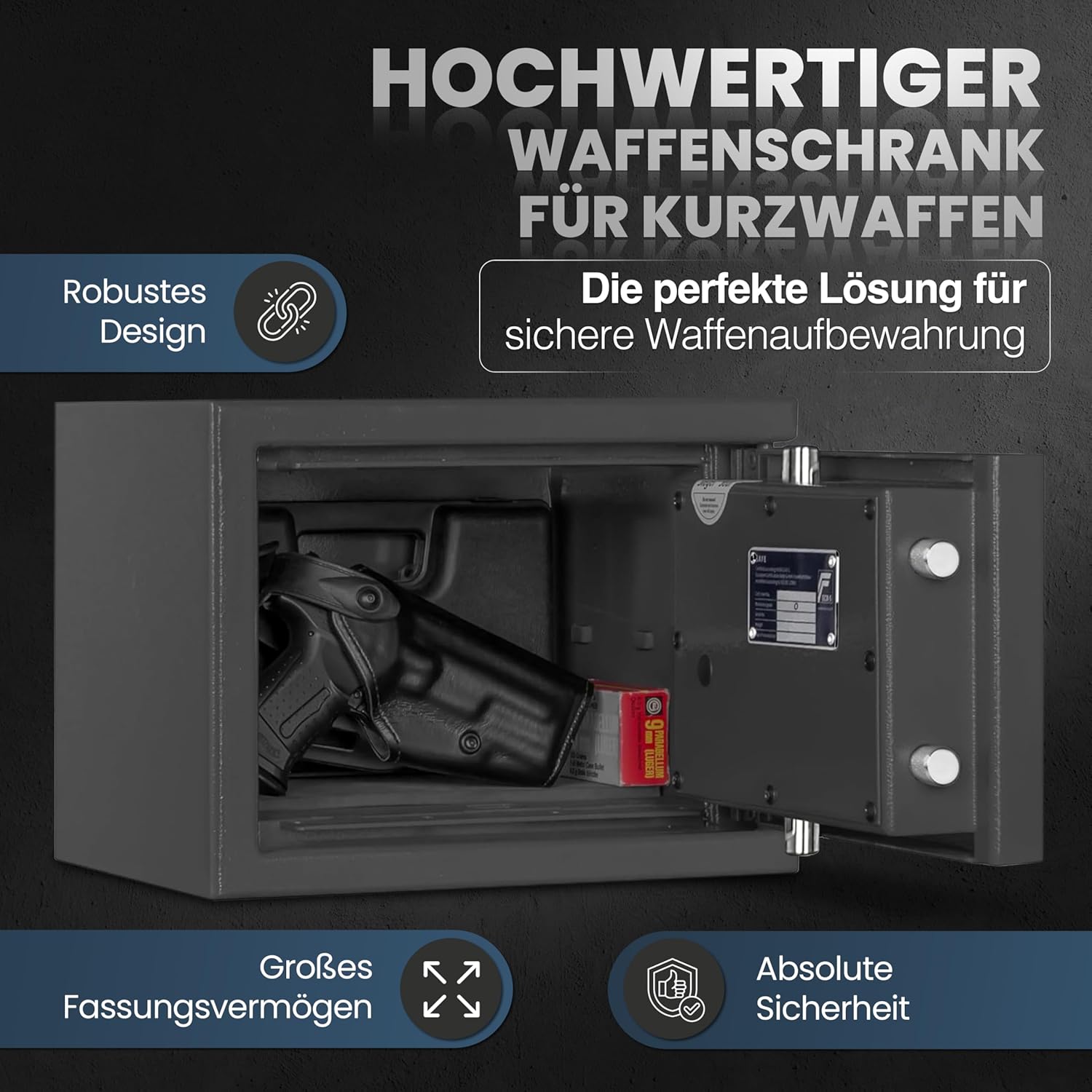 Kurzwaffenschrank KWT 800 mit Zahlenschloss, Widerstandsgrad 0, Einbruchschutz EN 1143-1, Kurzwaffentresor mit elektr. Zahlenschloss Klasse 0