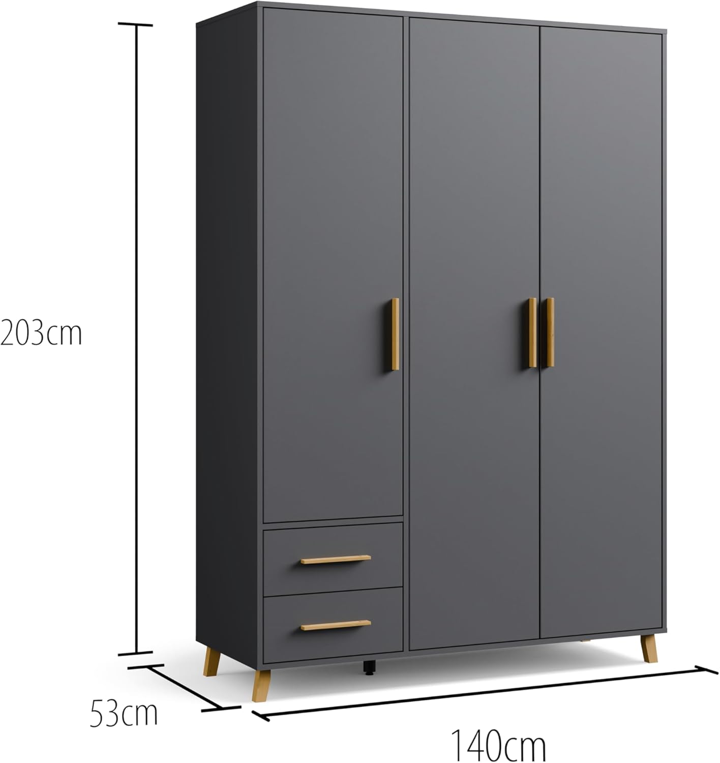 Rauch Möbel Shinjo Kleiderschrank für Schlafzimmer, Kinderzimmer, Babyzimmer, 3-türig, 2 Schubladen mit Zubehör Classic, Griffe und Füße aus Massivholz, Farbe Grau metallic, Schwarz, 140x203x53cm
