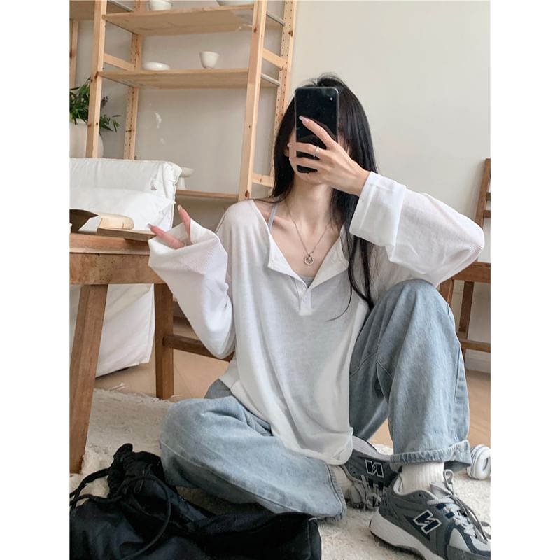 Monroll - Effen Henley T-shirt met lange mouwen
