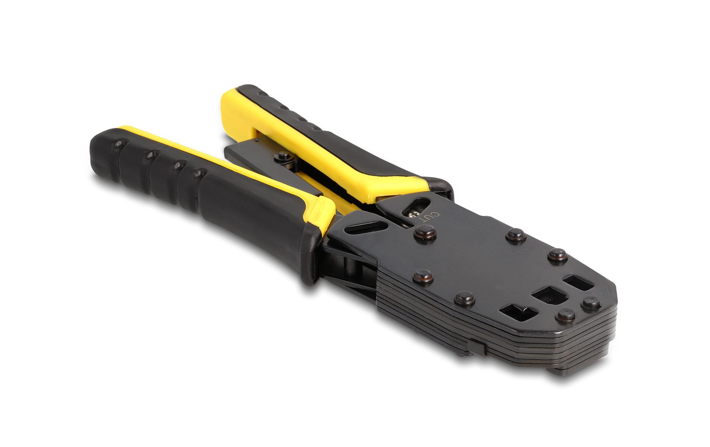 Crimpzange für RJ50, RJ45, RJ12/11, 6P DEC, 4PDelock Universelle Crimpzange mit Abisolierer für 10P (RJ50), 8P (RJ45), 6P (RJ12/11), 6P DEC oder 4P Modular Stecker