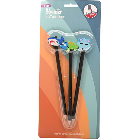 Danpen junior blyant med viskelæder 3 stk. - assorteret