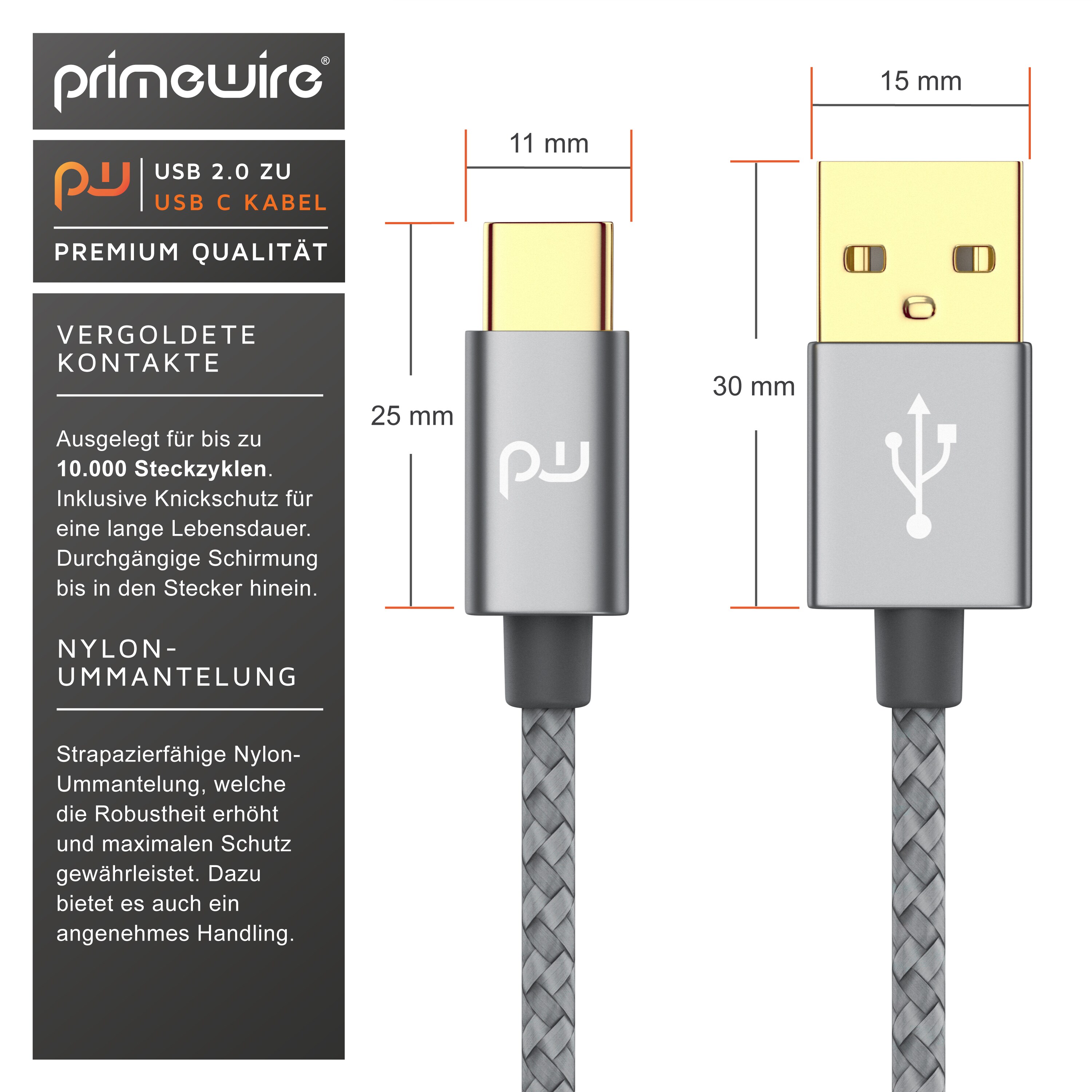 Primewire USB-C 3.1 zu USB 3.0 Typ A Kabel, Ladekabel, Datenkabel, Adapterkabel für Smartphone & Tablet - 1m