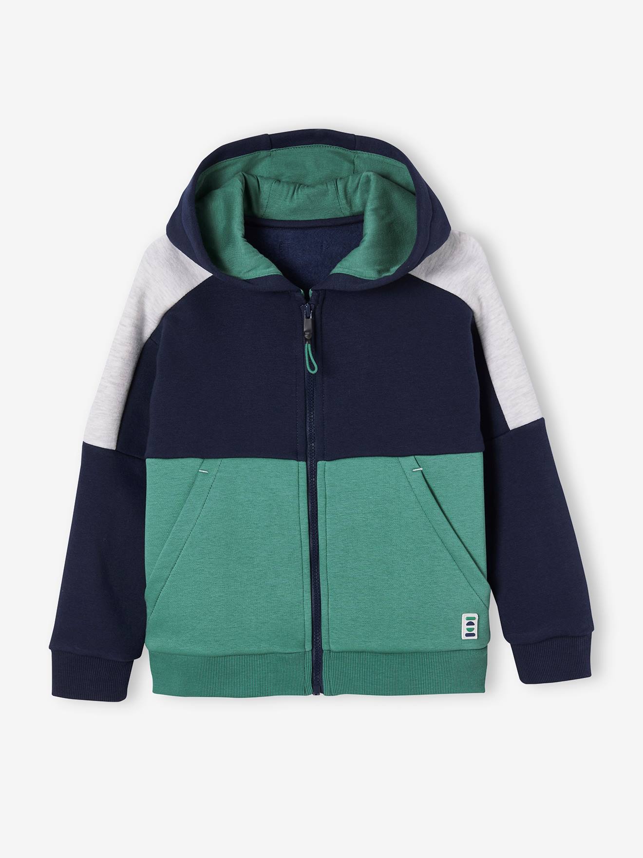 Moletom com capuz e zíper verde com efeito colorblock para meninos