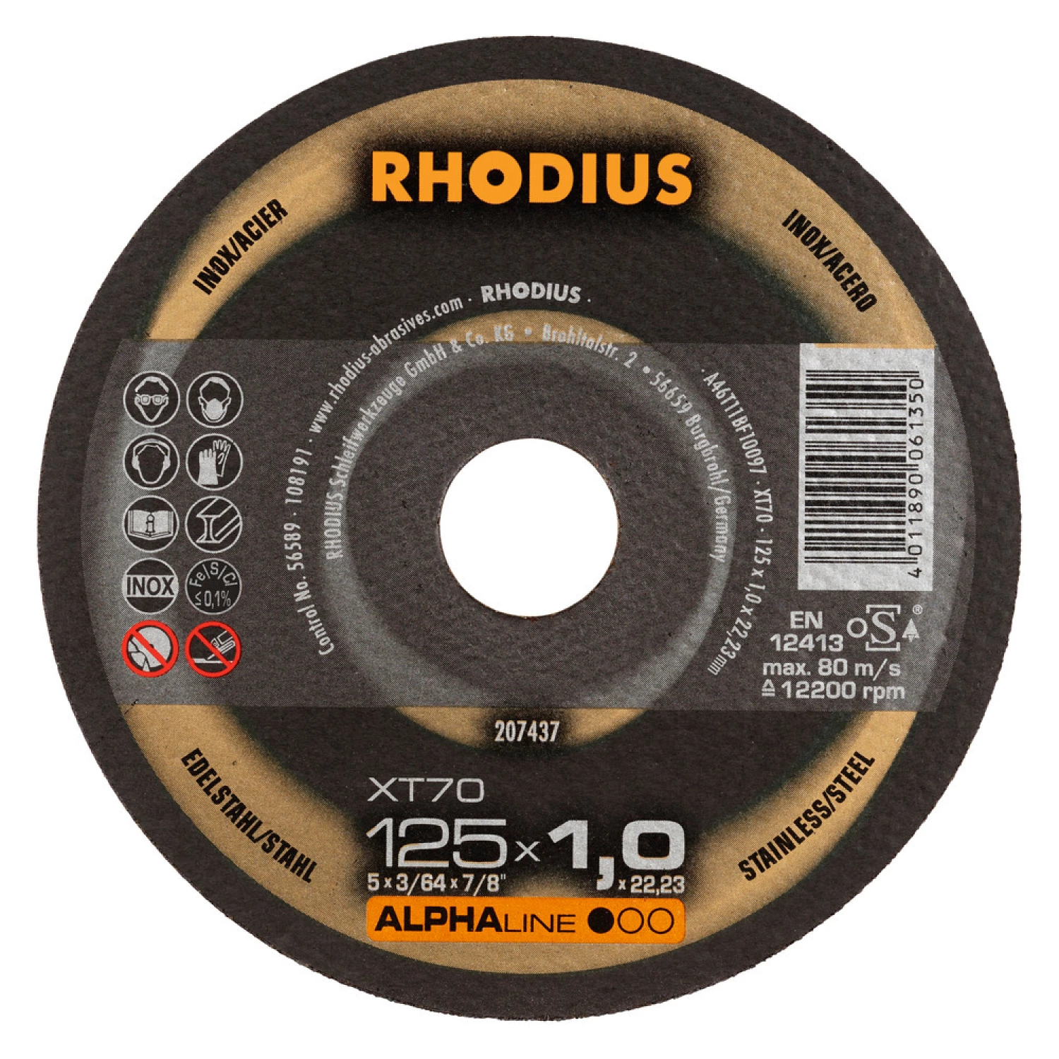 Rhodius ALPHALine I XT70 Doorslijpschijf - Extra dun - 125 x 22,23 x 1mm - RVS/Staal (100st)