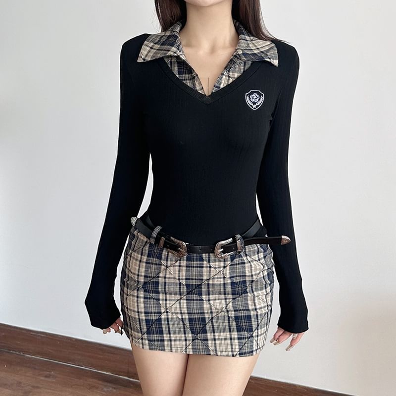 Honet - Mini-bodyconjurk met lange mouwen, V-hals, kraag en geruit paneel