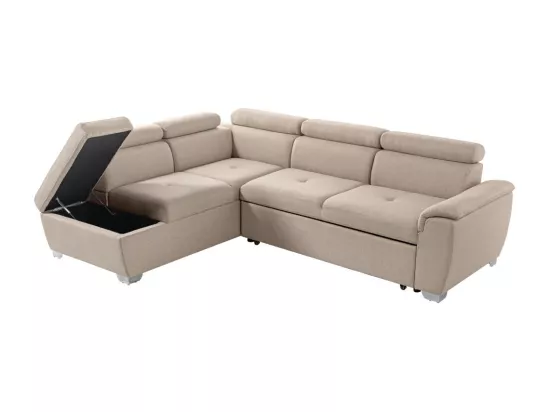 Canapé d'angle gauche convertible Paola 4 places avec coffre en tissu - Beige - L261 x P198 x H80cm - Loungitude