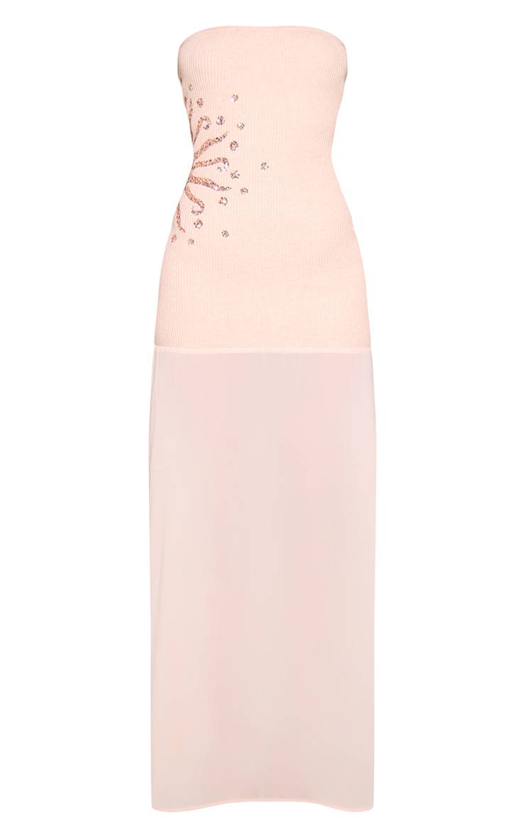 Champagne Robe Moulante En Maille À Ourlet Transparent Et Broderie De Sequins