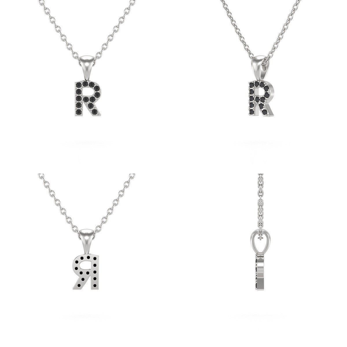 Collier Pendentif ADEN Lettre R Diamant Noir Chaine Argent 925 incluse 0.72grs