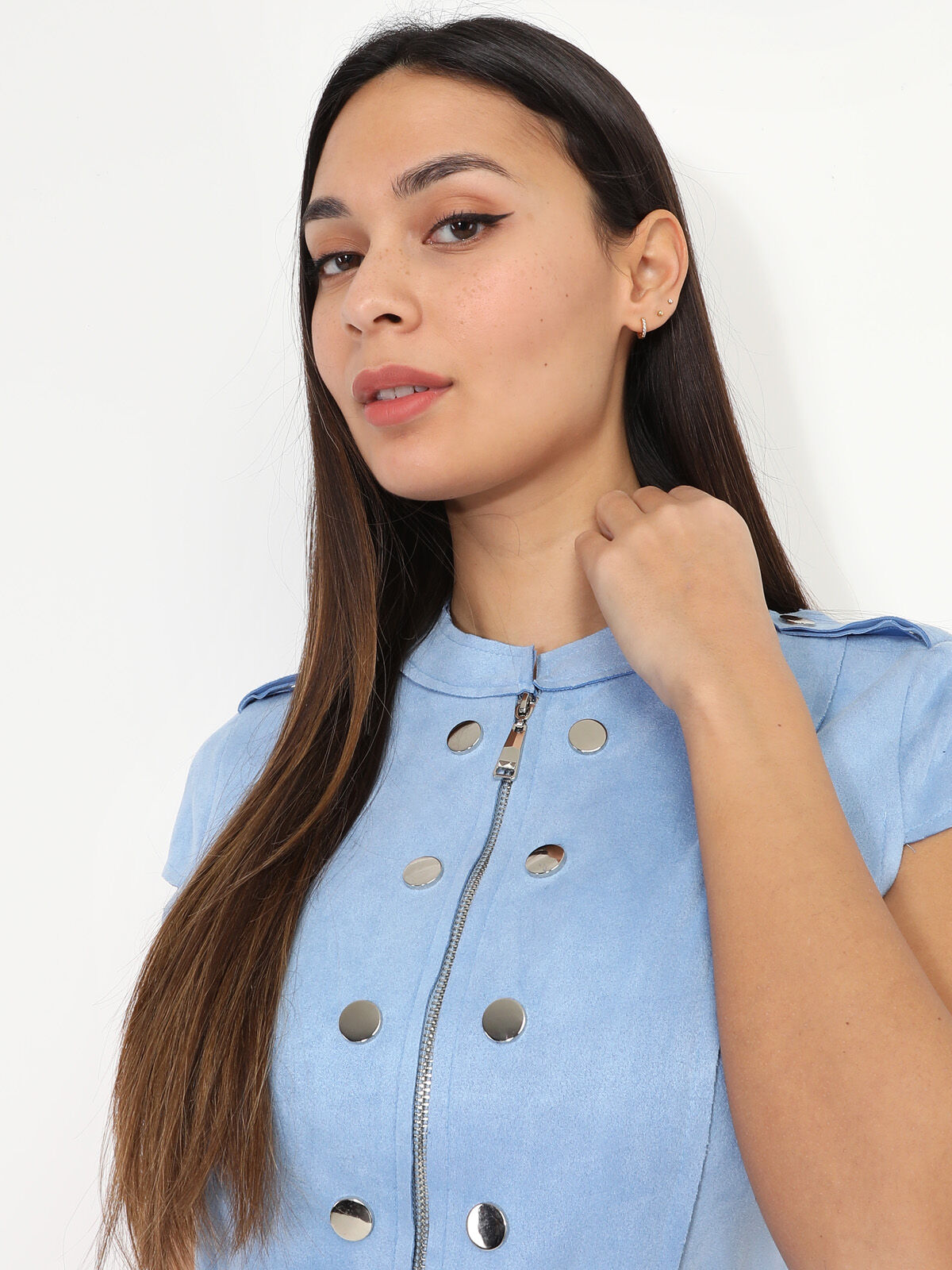 Robe en suédine à zip et ceinture- Bleu clair