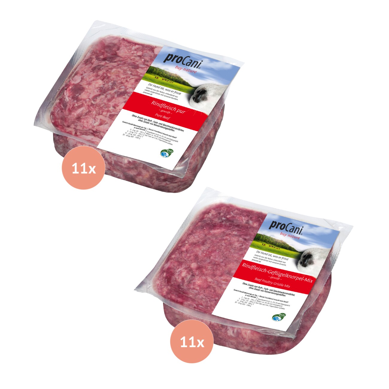 ProCani BARF-Paket pur Rind und Geflügel Sort. 22x500 g