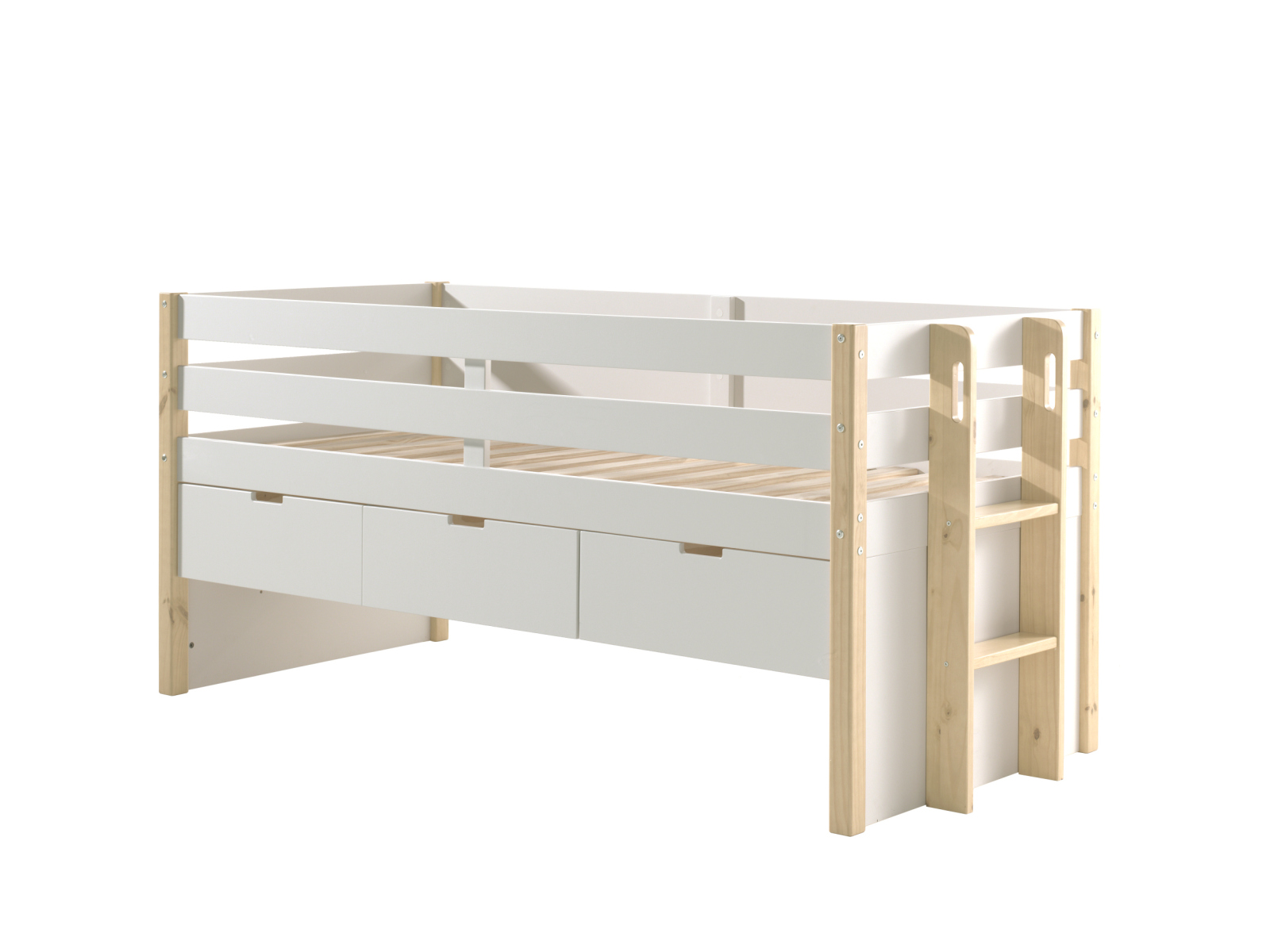 Halbhohes Bett MARGRIT - weiß-natur - mit Leiter - 90x200 cm