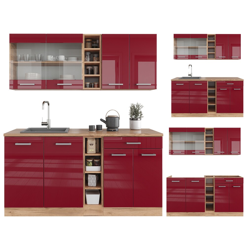 Vicco Küchenzeile Küchenblock Einbauküche R-Line Single Eiche Bordeaux Hochglanz 160 cm