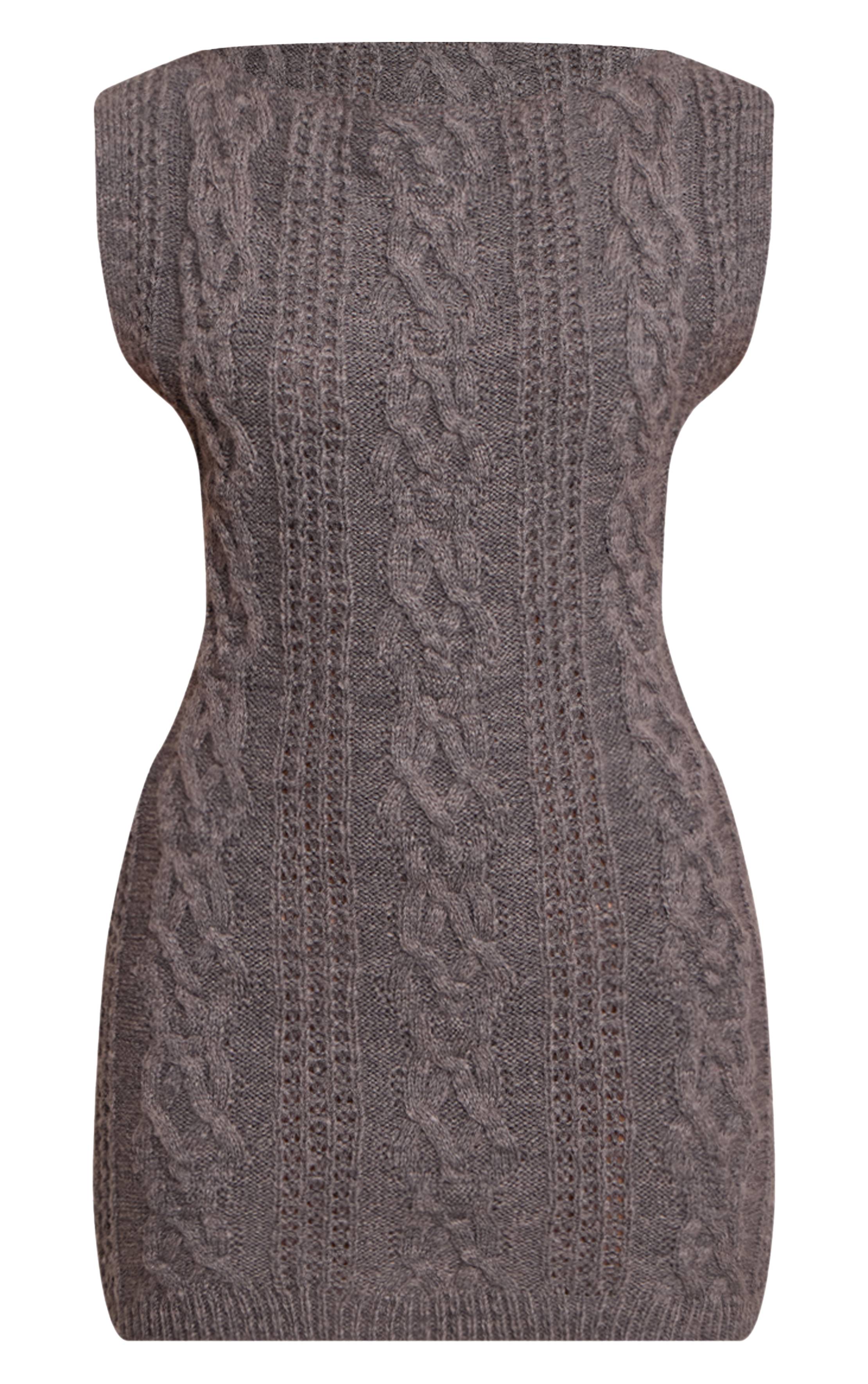 Gris Robe Courte Mini En Maille Torsadée À Manches Courtes