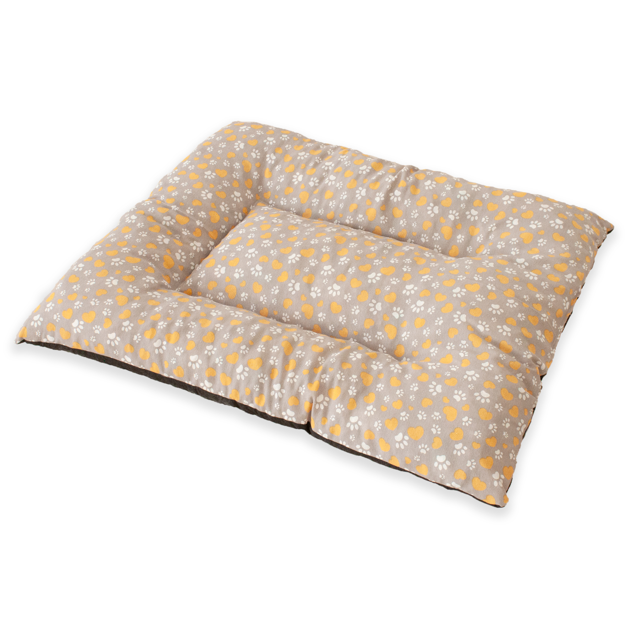 Almofada grande acolchoada para animais de estimação. Cinza com corações amarelos e pegadas brancas. 85x70x10 cm