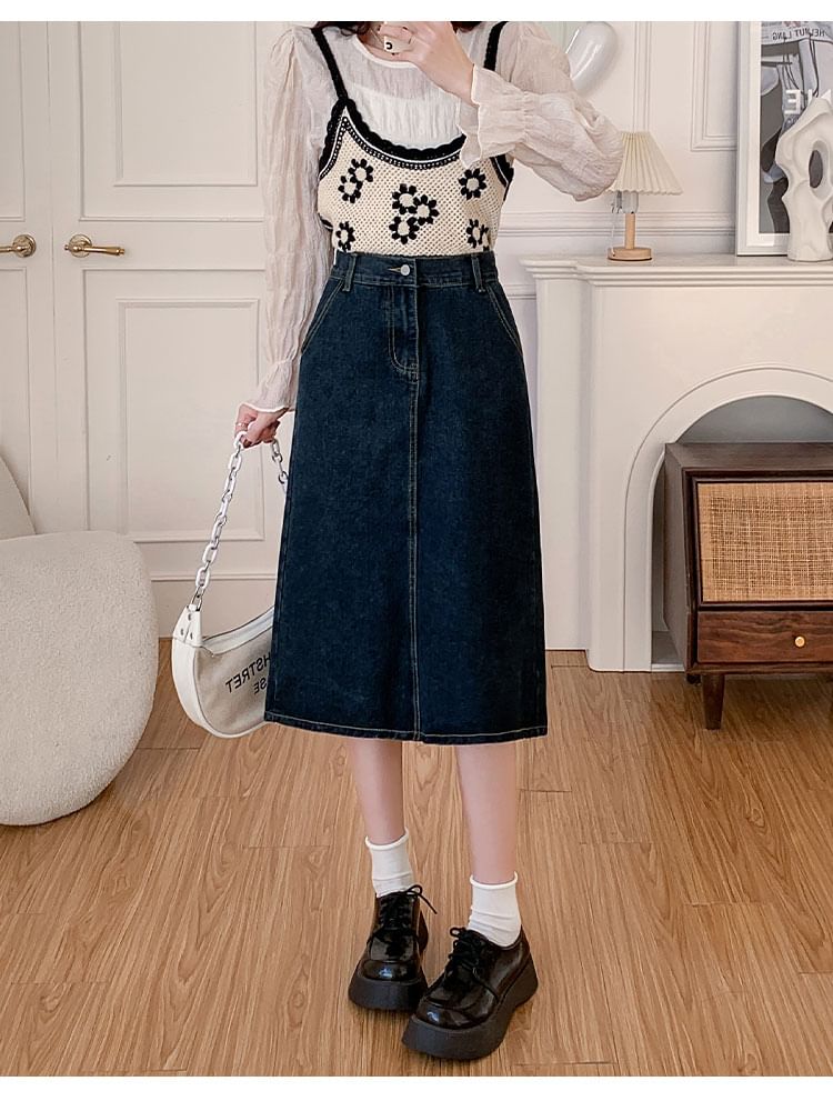 Magimomo - A-lijn denim rok met hoge taille en split aan de achterkant