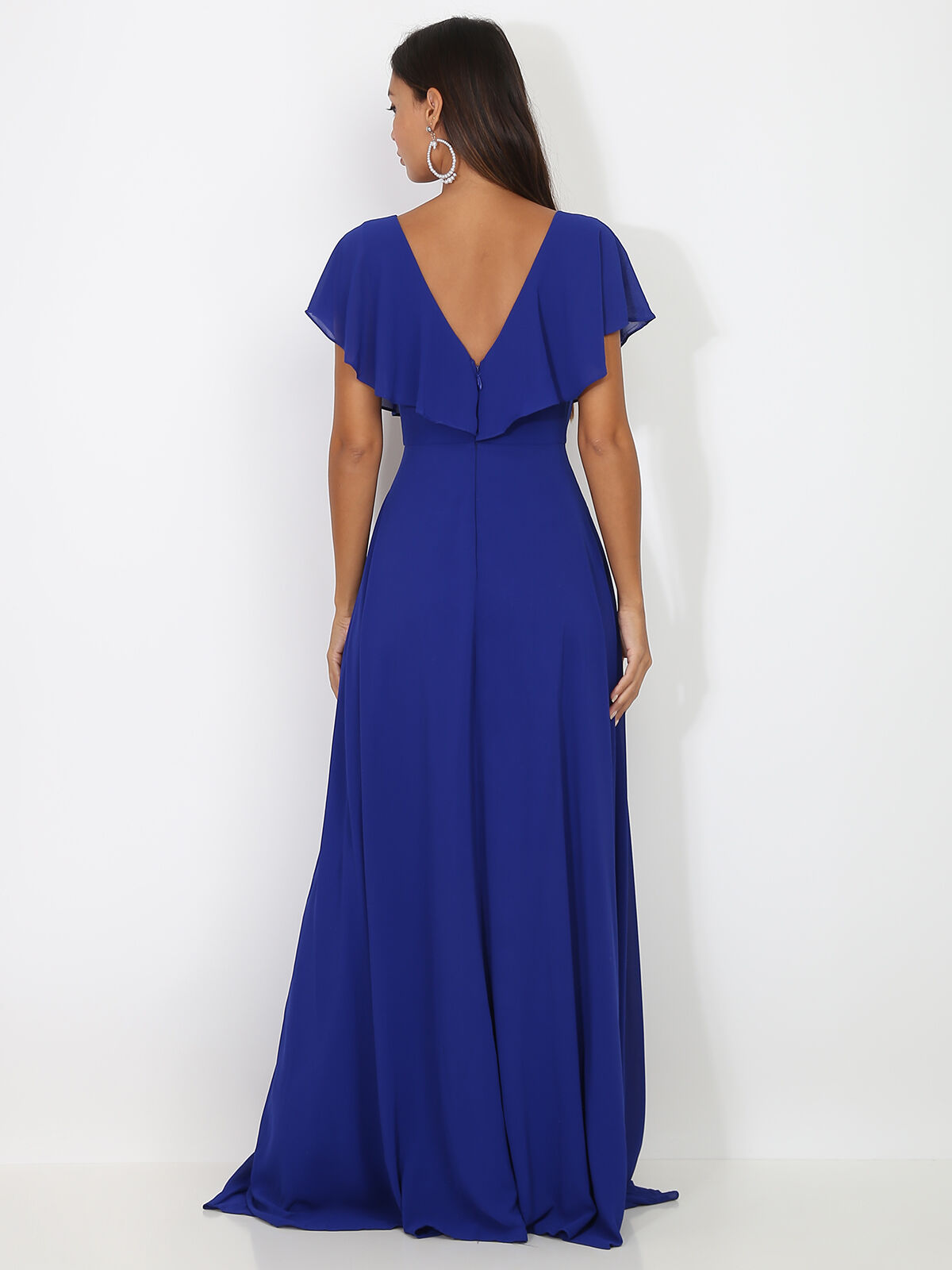 Robe longue décolleté à volants- Bleu