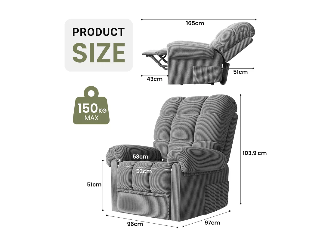 Fauteuil Relax Fauteuil électrique en Velours Côtelé,Fauteuil à loisirs Réglable avec USB,Dossier Réglable,Anti-statique avec Repose Pieds - 96x97x104cm Gris