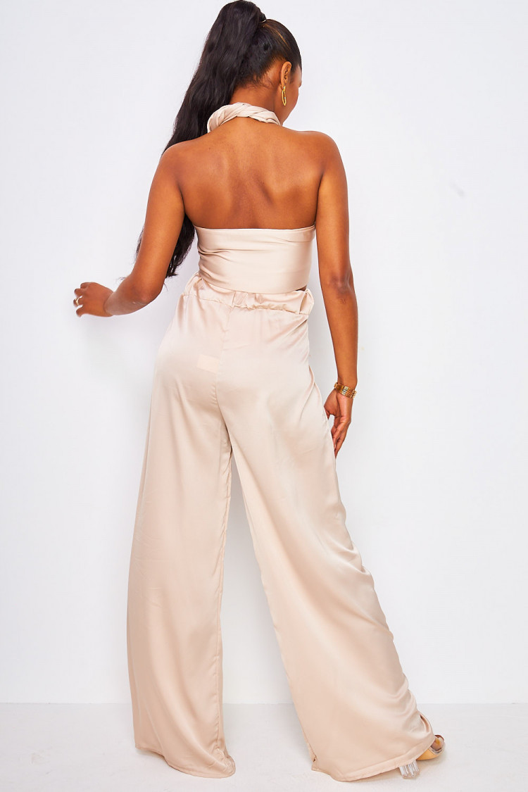 Ensemble satiné beige top à nouer + pantalon