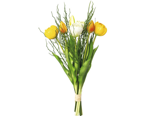 Kunstmatig tulpenboeket van 7 met takken, geel gemengd