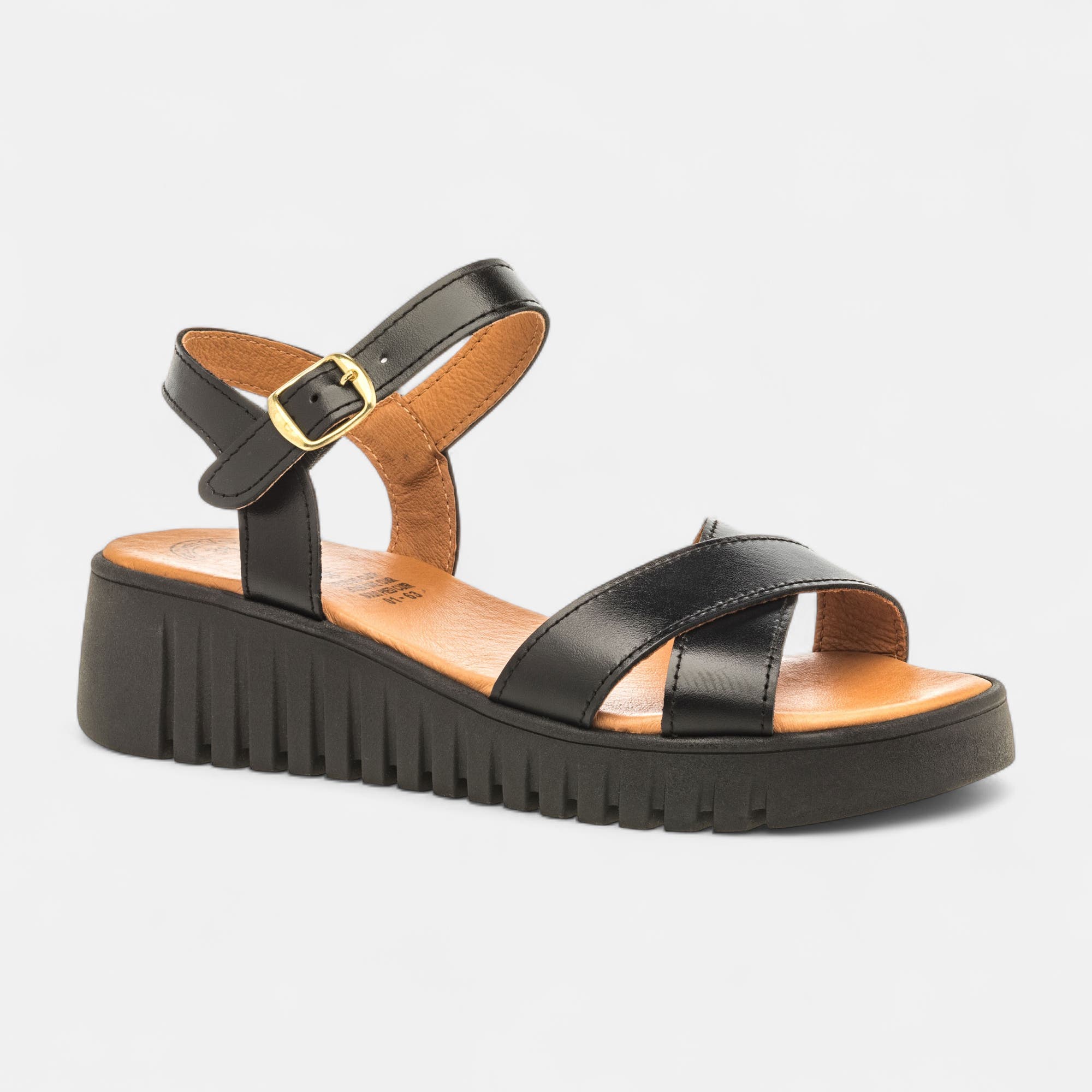 Sandales à talon compensé Femme en cuir noir