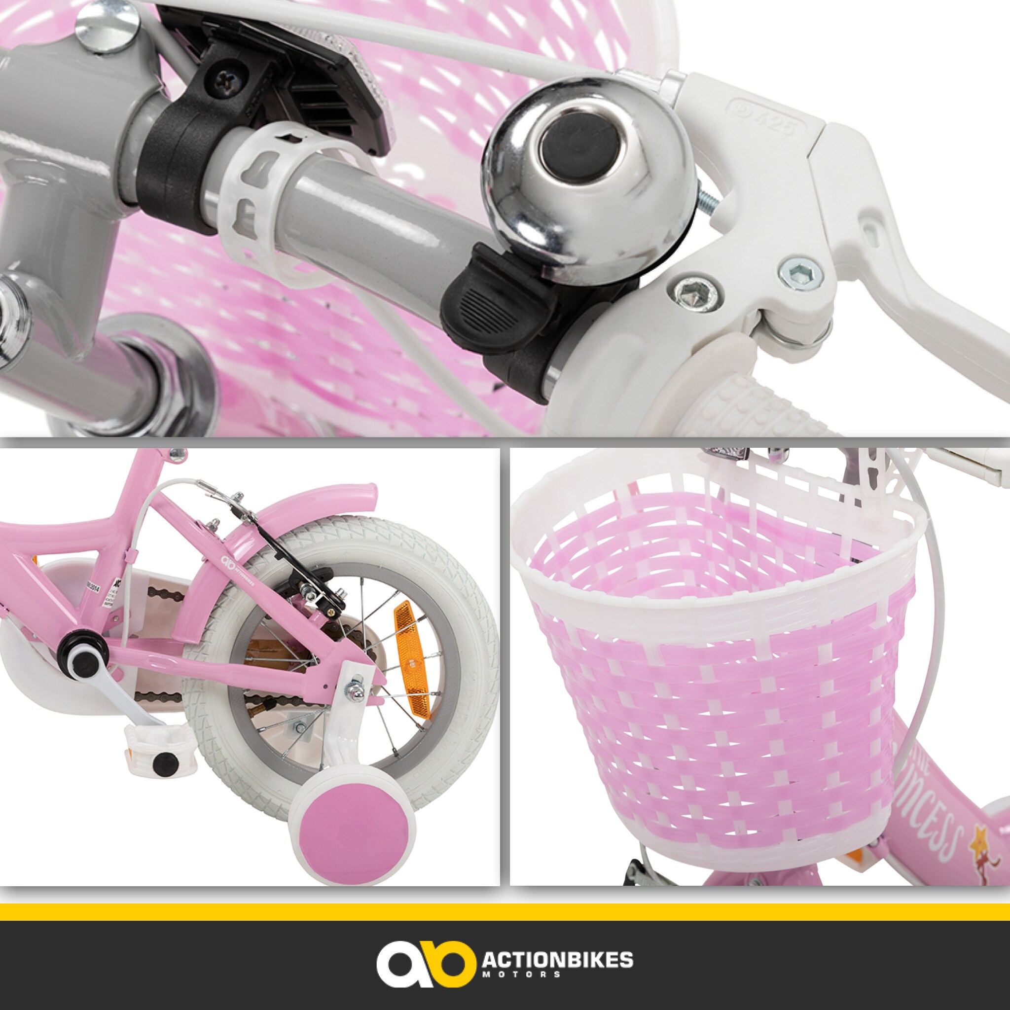 Actionbikes Kinderfahrrad Princess, 12 Zoll, rosa, V-Brake-Bremsen, Prinzessinnen-Design, Stützräder