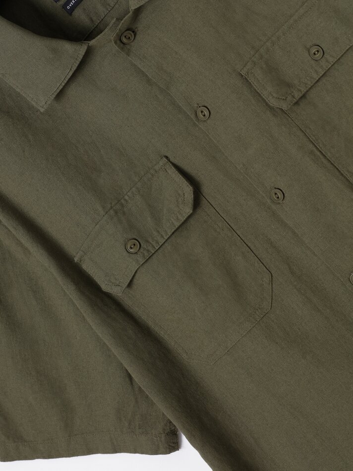 Camisa de algodão e linho com bolsos - Cáqui escuro