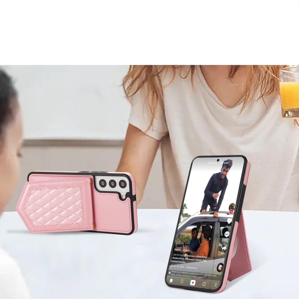 Samsung Galaxy S23 5G Necklace Leder Hülle im Litchi Look mit Spiegel (RFID Schutz) - Roségold