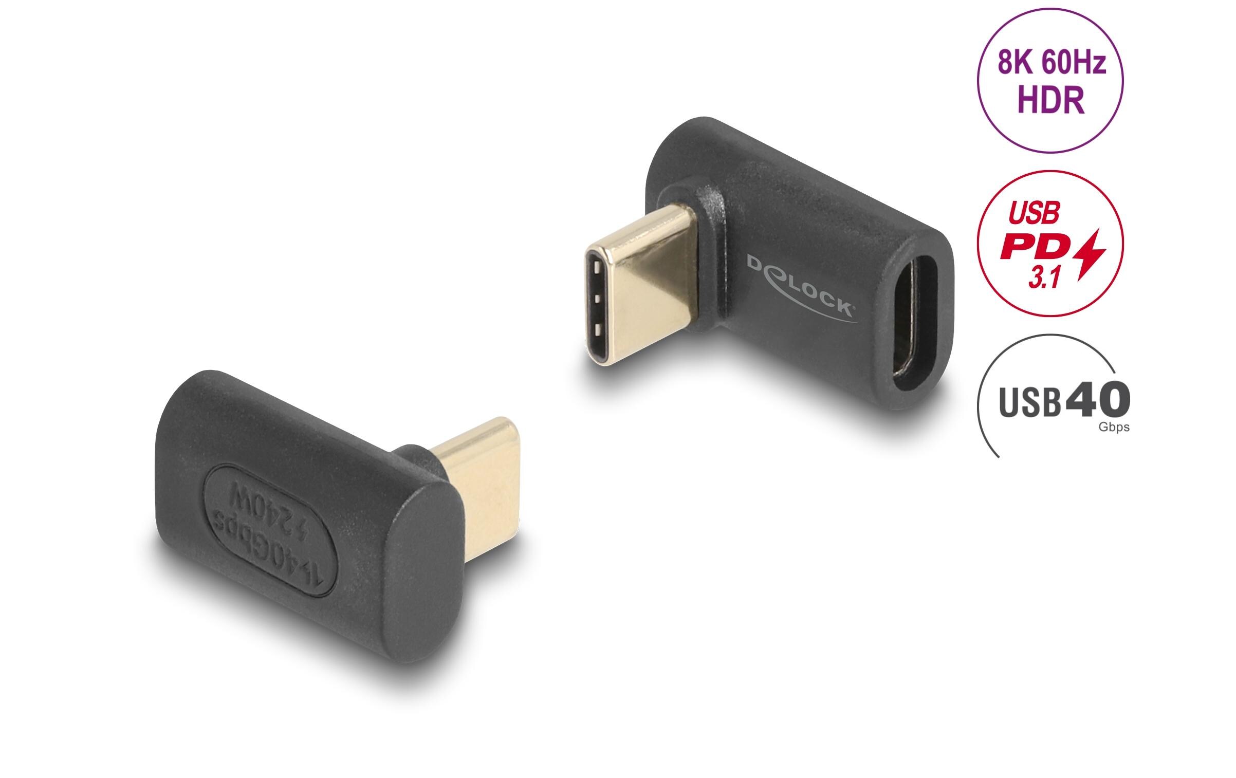 USB-Adapter 8K 60 Hz, PD3.1, USB-C Buchse - USB-C SteckerDelock Adapter USB 40 Gbps USB Type-C PD 3.1 240 W Stecker zu Buchse gewinkelt 8K 60 Hz