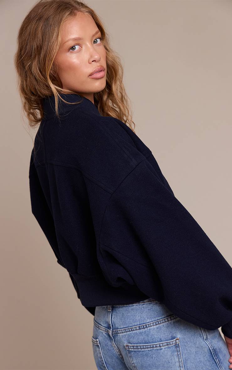 Bleu Marine Veste Bomber Courte À Manches Froncées