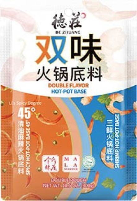 De Zhuang Dubbele Smaak Hot Pot Soep Basis (Pittig 45/Garnalen) 300g