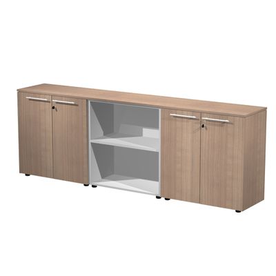 Armoire basse triple Flora - L243xP43xH81,4 cm - 4 portes mélaminés - 3 étagères - merisier arabis