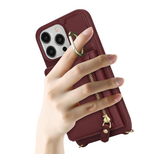 iPhone 15 Pro Max Necklace Leder Hülle mit Münzfach und Kartenfächer   Finger Griff Halterung   Handykette - Weinrot