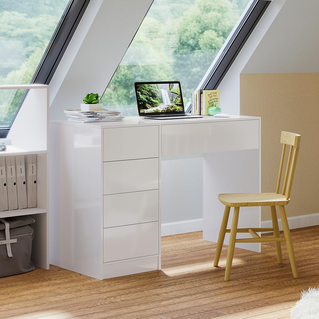 Bellamio Livny Schreibtisch Hochglanz weiß mit 5 Schubladen – Schminktisch ohne Spiegel – White Desk with Drawers 80x53x110 cm – Jugendschreibtisch - Bürotisch mit Schubladen beidseitig montierbar