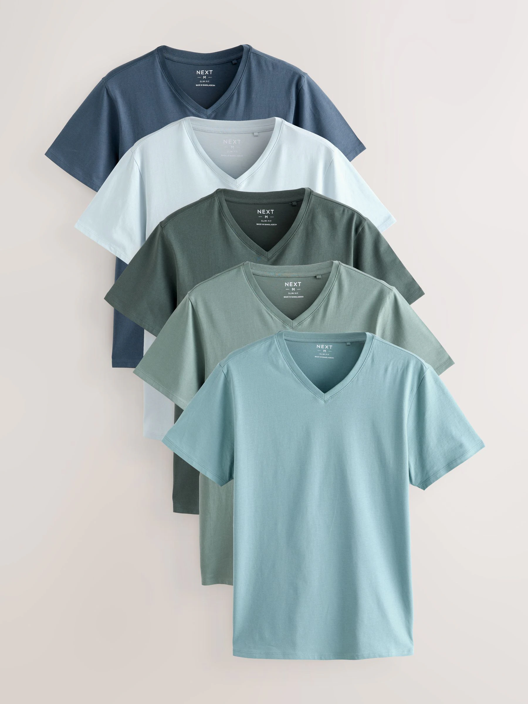 Blauw - Verpakking van 5 slim-fit 100% katoenen T-shirts met V-hals en laagjes