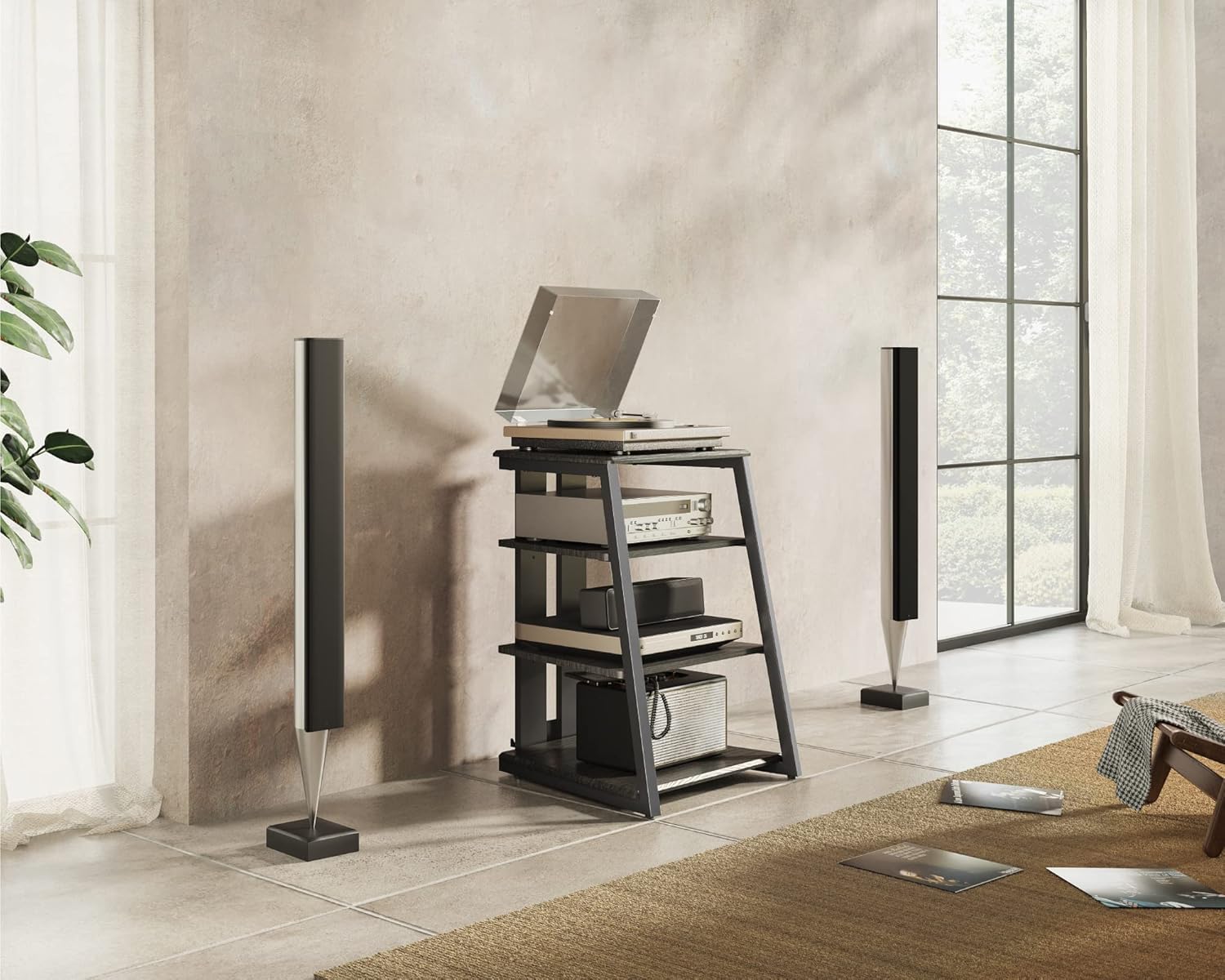 FITUEYES Design HiFi Rack aus Holz & Stahl, Plattenspieler Tisch mit verstellbaren Ablage, HiFi Regal für Plattenspieler & Stereoanlagen & Kompaktanlage, 61 x 52 x 78 cm