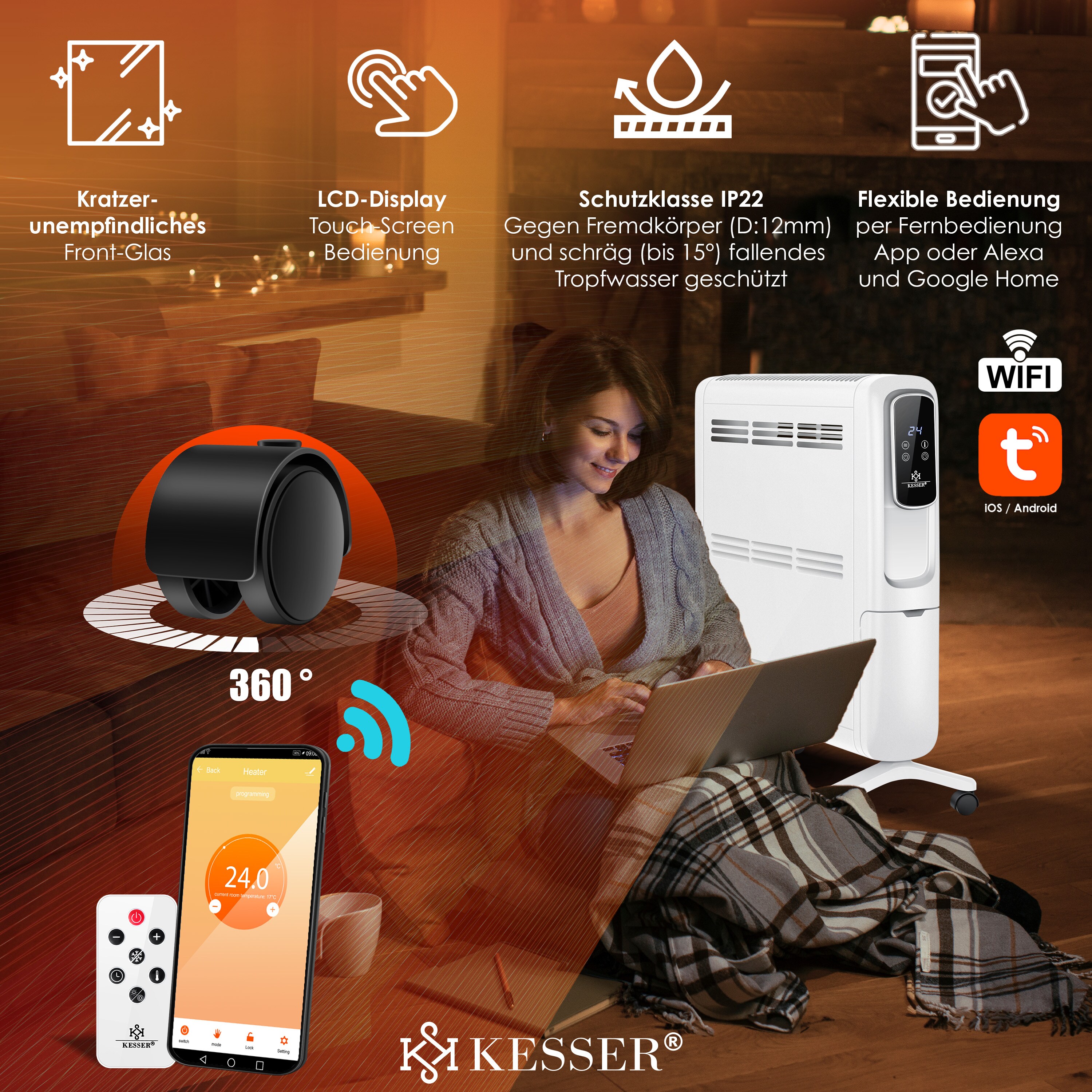 KESSER® Konvektor Elektrische Heizung ECO 2500W Heizkörper Elektroheizung Standheizung energiesparend Display WiFi App & Fernbedienung Touchscreen - Mobil Radiator 24h Timer Thermostat