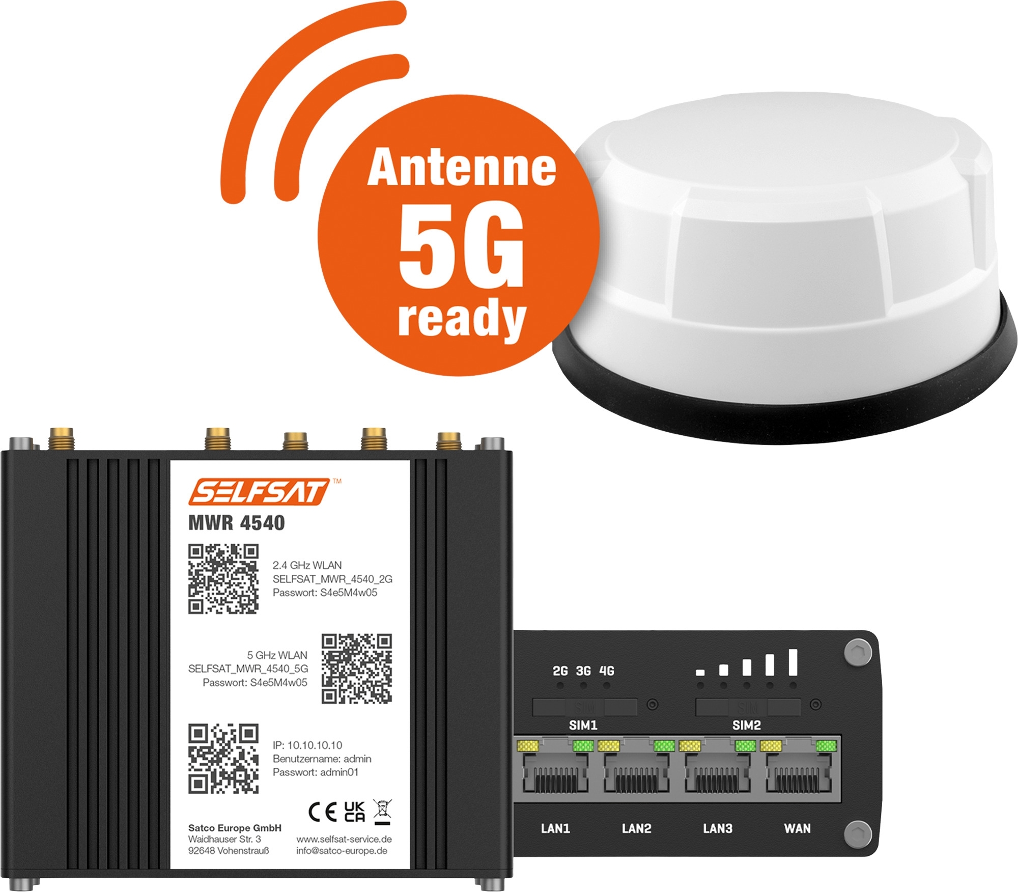 Selfsat 4G Cat 6 WLAN Router MWR 4540 inkl. 5G Panorama Antenne bis 300 Mbps weiß