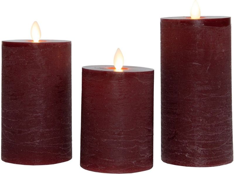 123led - Oplaadbare Led Kaarsen - Bordeaux - 3 Stuks - Hoogtes 10 cm, 12,5 cm en 15 cm