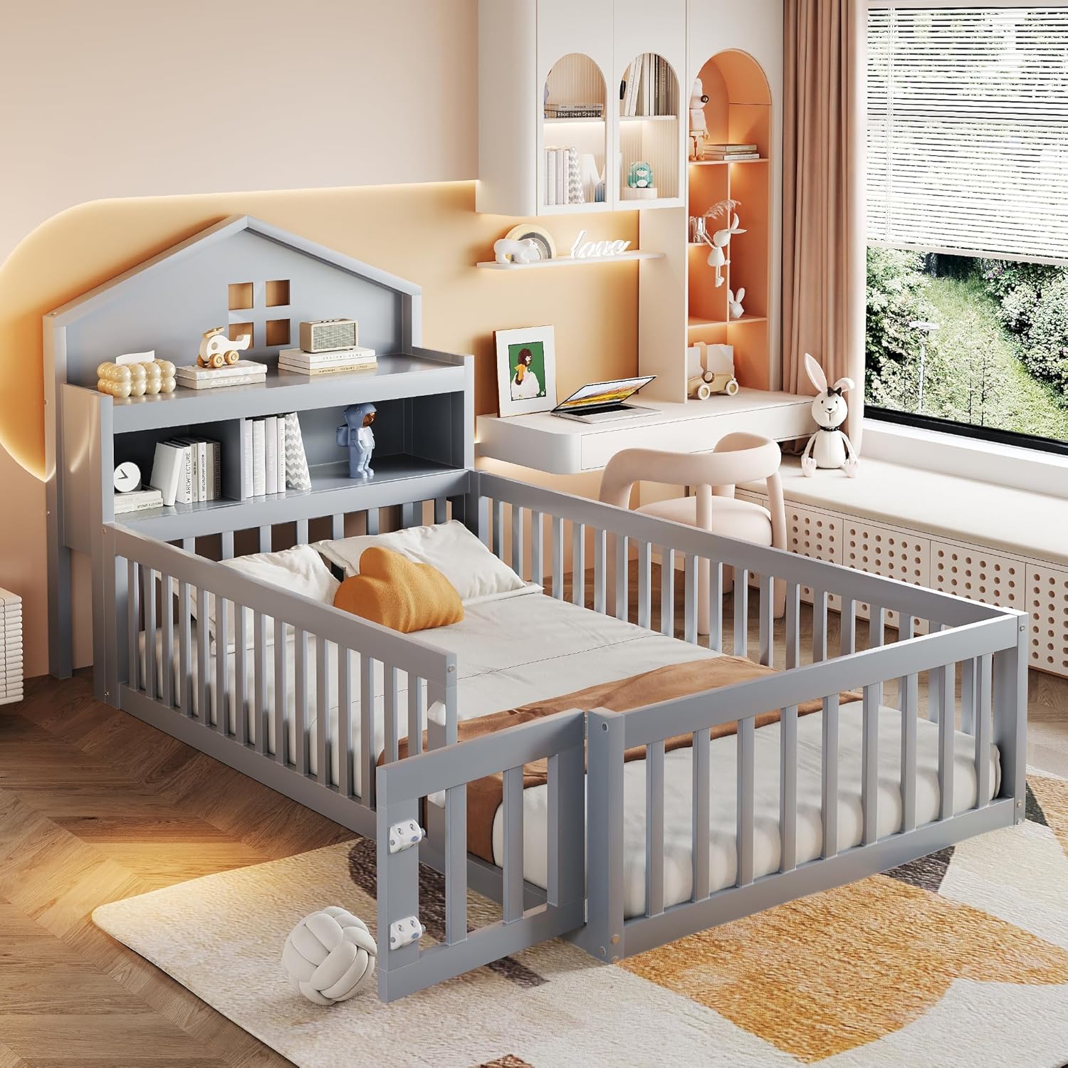 Kinderbett mit Lattenrost und Zaun, Rausfallschutz, Stauraum, Jugendbett, Holzbett, Kiefer (grau, 90x200 cm)