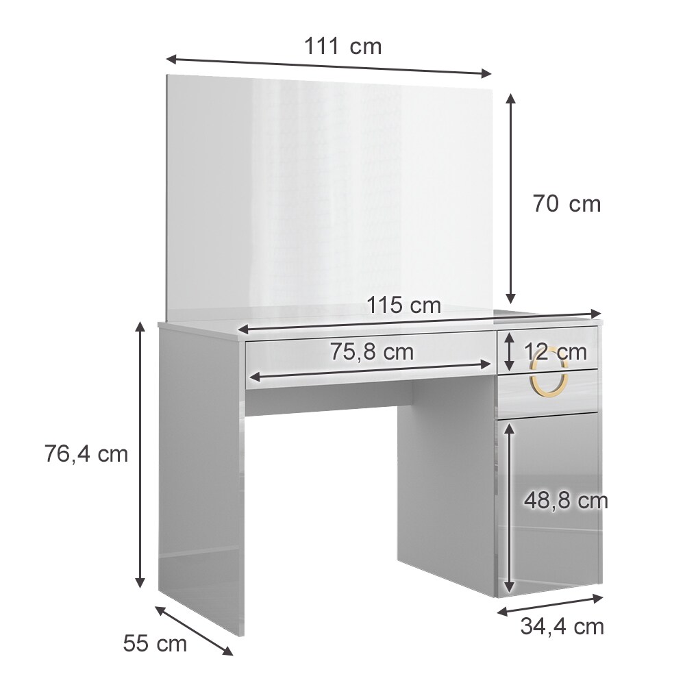 Vicco Schminktisch Adela Weiß Hochglanz, 115 x 76 cm mit Spiegel, Frisierkommode